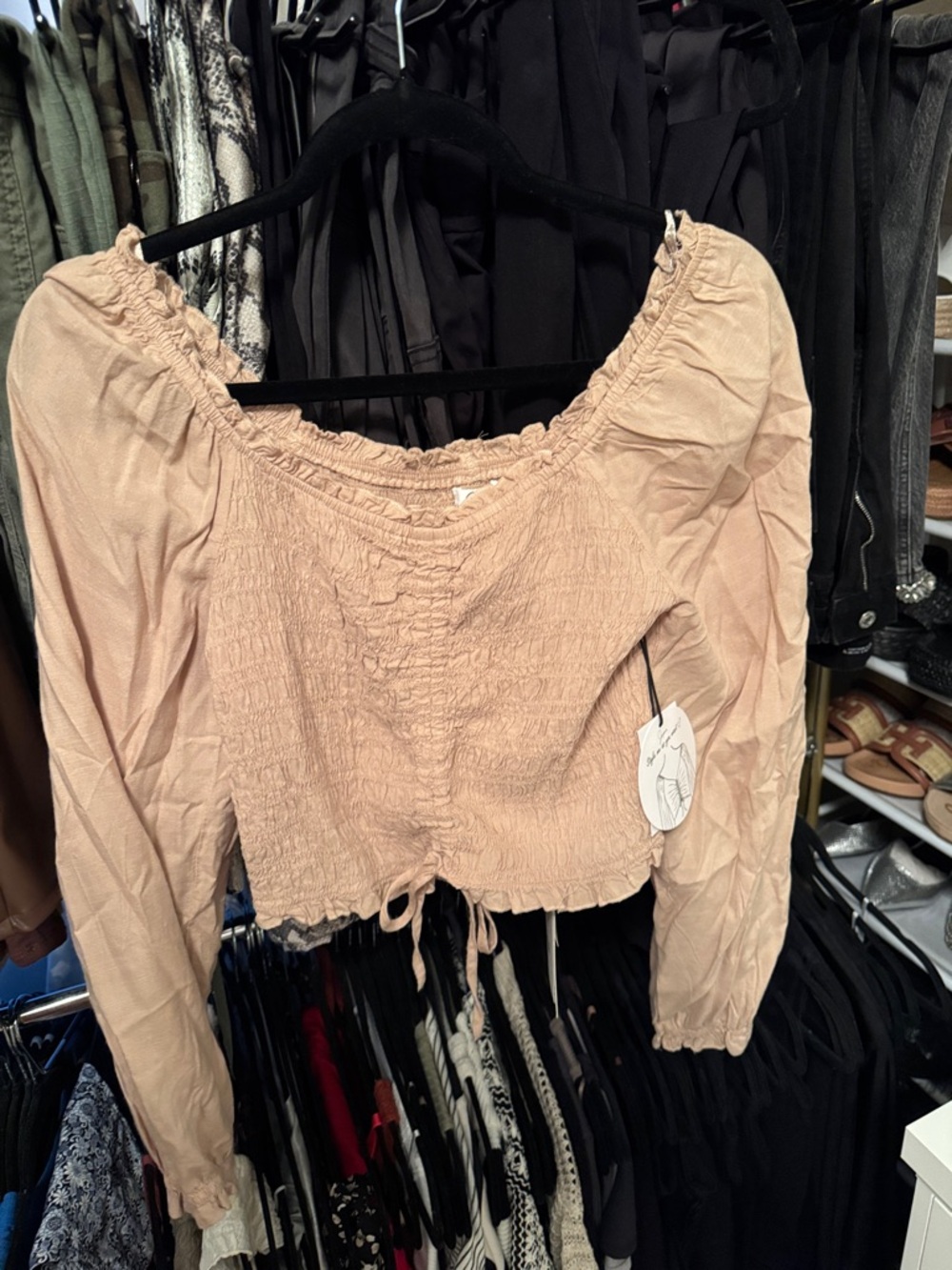Smocked Tie-Front Long Sleeve Top - Blush